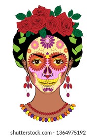 illustration of a young girl with a traditional Mexican hair and make-up in the form of a skull, a symbol of the holiday Day of the dead and the Day of angels