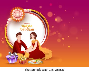 Illustration of a young girl tying Rakhi on her brother wrist with gift boxes for Happy Raksha Bandhan celebration concept. Can be used as banner or poster design.