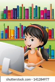 Illustration of a young girl using the computer at the library