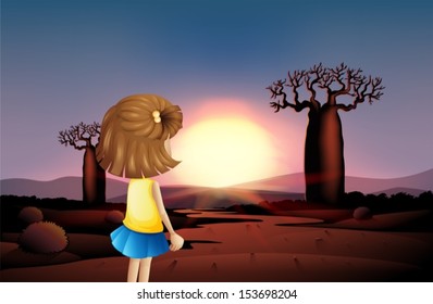 Illustration of a young girl watching the sunset at the desert