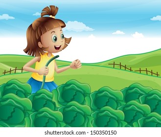 Illustration of a young girl watering her plants at the garden