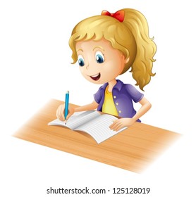 Illustration of a young girl writing on a white background