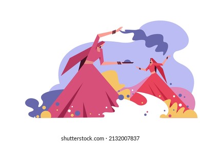 Illustration of young girls celebrating Holi by dancing and throwing colours