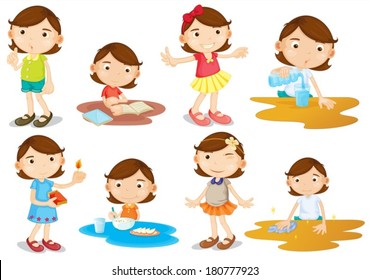 Illustration of a young girl's daily activities on a white background