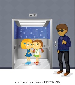 Ilustración de las jóvenes dentro del ascensor y de un hombre aterrador afuera