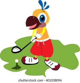 Illustration of young golf player parrot on white background.