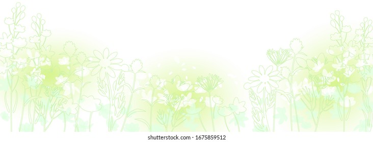 Illustration of a young grass. line color illustration of various flowers