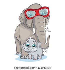 Illustration of a young gray elephant with mother in pink glasses on a white background