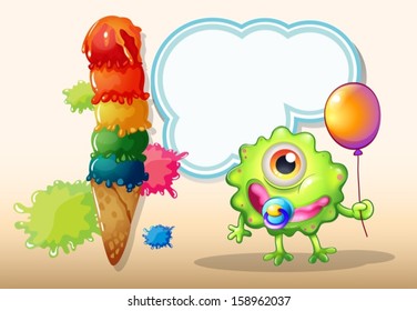 Illustration of a young green monster with a balloon standing near the giant icecream