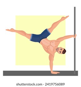 Illustration of a young guy dancing on a pole. Pole dance. Strip of plastic. A muscular guy dances on a pole. Beautiful man. Dancing.