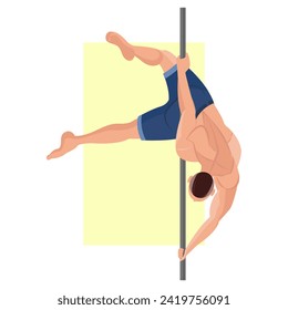Illustration eines jungen Mannes, der auf einem Pol tanzt. Pole-Tanz. Streifen aus Kunststoff. Ein muskulöser Typ tanzt auf einem Pol. Schöner Mann. Tanzen.