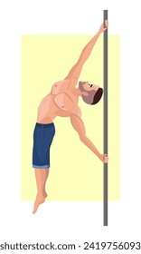 Ilustración de un joven bailando en un poste. Danza de polo. Tira de plástico. Un sujeto musculoso baila en un poste. Hermoso hombre. Bailando.