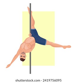 Illustration of a young guy dancing on a pole. Pole dance. Strip of plastic. A muscular guy dances on a pole. Beautiful man. Dancing.