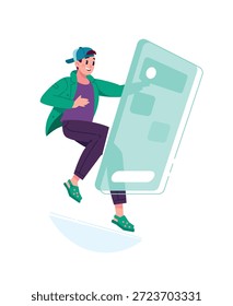Ilustración de un joven frente a una Grande pantalla de teléfono inteligente en gravedad cero. La interfaz de la aplicación. Iniciar sesión a su Cuenta personal. Imagen para proyectos de diseño, Sitio web e impresión, diseño de maquetas.