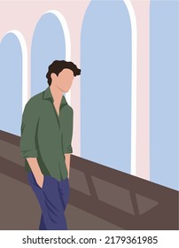 ilustración de un joven.  tipo en el museo