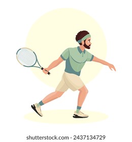 Ilustración de un joven jugando al tenis. Hombre de deportes. Tenis.