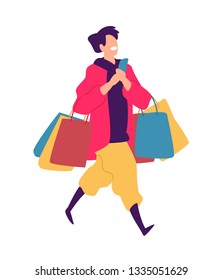 Illustration of a young guy with purchases. Vector. Positive flat illustration in cartoon style. Discounts and sales. Shopaholic shopping. A young man talking on the phone, shopping.