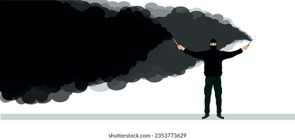 Illustration of a young guy with smoke bombs in his hands. Football fan. Ultras. Revolution. Riot. Protest.