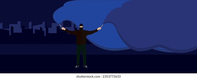 Illustration eines jungen Mannes mit Rauchbomben in den Händen. Fußballfan. Ultras. Revolution. Riss. Protest.