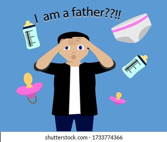 
illustration of a young guy surprised I am a father, present diapers, nipples, a bottle, on a blue background