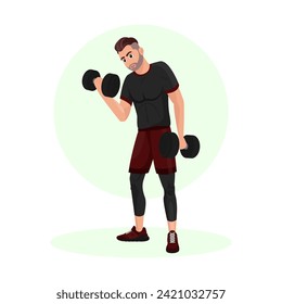 Illustration of a young guy training in a gym. Gym. Body-building. Power training. Sports guy.