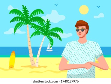 Illustration of young guy wearing t-shirt and sunglasses at beach, sea, yacht, palms, surfer board background. Man traveling and relaxing in a hot country. Enjoy summertime. Portrait of stylish man