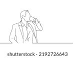Illustration of young handsome business man drinking cup of coffee standing near window and look outside. One line art
