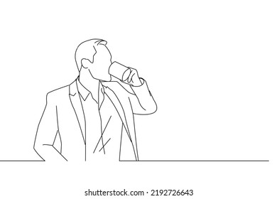 Illustration of young handsome business man drinking cup of coffee standing near window and look outside. One line art
