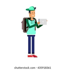 Illustration of a young handsome man in casual clothes or more eccentric hipster fashion with backpack and gadgets. Man character in white background. Vector fashion man