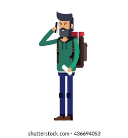 Illustration of a young handsome man in casual clothes or more eccentric hipster fashion with backpack and phone. Man character in white background. Vector fasion man. Male tourist