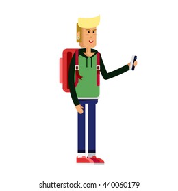 Illustration of a young handsome man in casual clothes or more eccentric hipster fashion with backpack and gadgets. Man character in white background. Vector fashion man