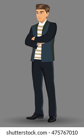 illustration of a young handsome man in casual clothes, with arms crossed poses isolated on white background