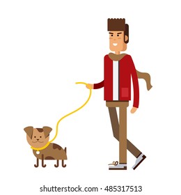 Illustration of a young handsome man in casual clothes or more eccentric hipster fashion with backpack. Man character walk with his puppy isolated in white background.