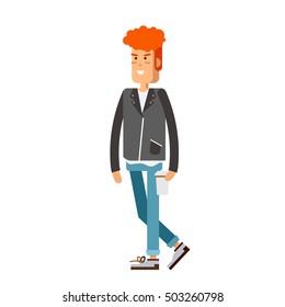 Illustration of a young handsome man in casual clothes or more eccentric hipster fashion with backpack. Man character in white background. Vector fasion man with coffee cup