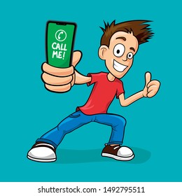 Illustration of a young happy boy holding his cellphone smartphone and showing positive hand