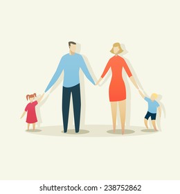 Illustration of young happy family with father, mother, boy and girl