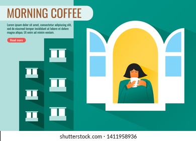 Illustration of a young healthy short haired woman enjoying her coffee in the morning