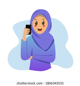 Illustration young hijab girl with smart phone design isolated on white background
