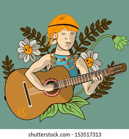 Illustration of a young hippie guitarist
