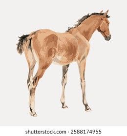 Illustration of a young horse, or foal, standing. The foal's light brown coat and black mane are detailed. Young horse, foal, and coat are key elements. Vintage animal illustration vector.