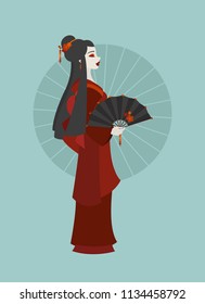 Illustration of a young Japanese woman dressed as a Geisha and holding a decorated fan on colored background
