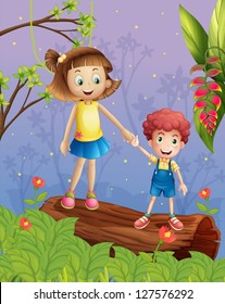 Illustration of a young kady and a young boy in the forest