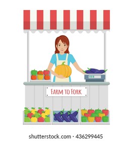 Illustration of a young lady in apron working at farmer market stall, selling organic fruit and vegetables from farm to fork, weighting the goods and serving to customers.