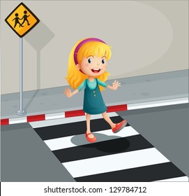 Illustration of a young lady crossing the pedestrian lane