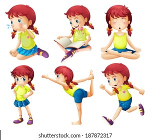 Illustration of a young lady doing different activities on a white background