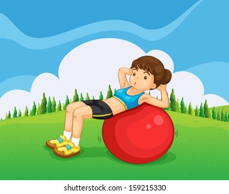 Ilustración de una joven ejerciendo con una bola de rebote en la colina