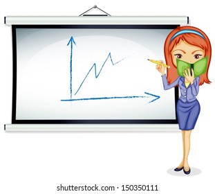 Illustration of a young lady explaining a chart on a white background