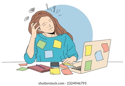 Illustration of a young lady in front of a computer who is overwhelmed by the number of tasks that must be accomplished promptly. woman stressed with her job.