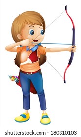 Illustration of a young lady playing archery on a white background