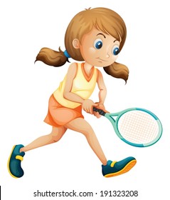 Illustration of a young lady playing tennis on a white background